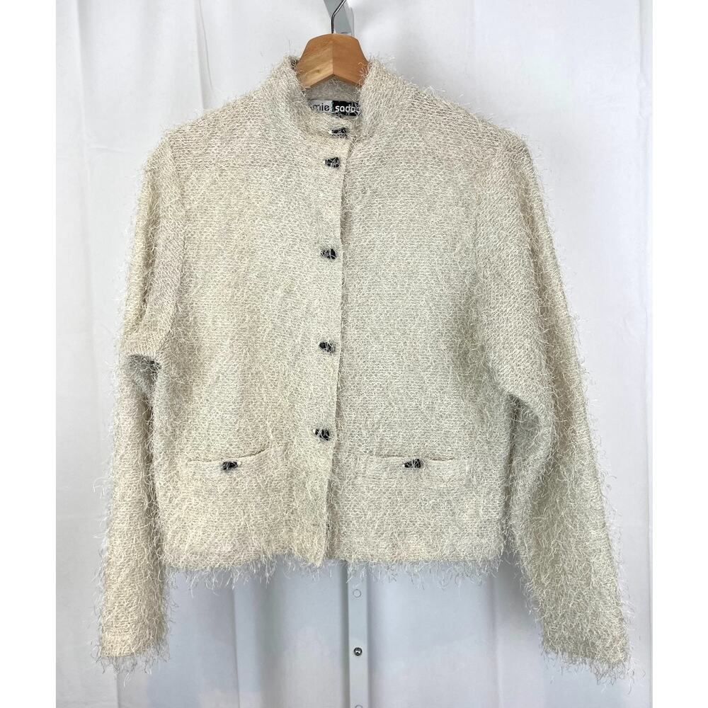 JAMIE SADOCK Fuzzy Eyelash Cardigan Toggle Button Sweater Beige Cream Size M - Picture 9 of 9